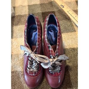 Poetic Licence Burgundy Plaid Ribbon Lace Up Victorian Pumps Heels EUR 38.5